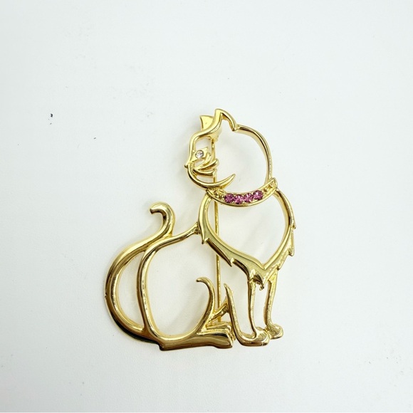 JJ Cat Gold Tone Outline Cutout Rhinestone Collar Brooch - Picture 7 of 8